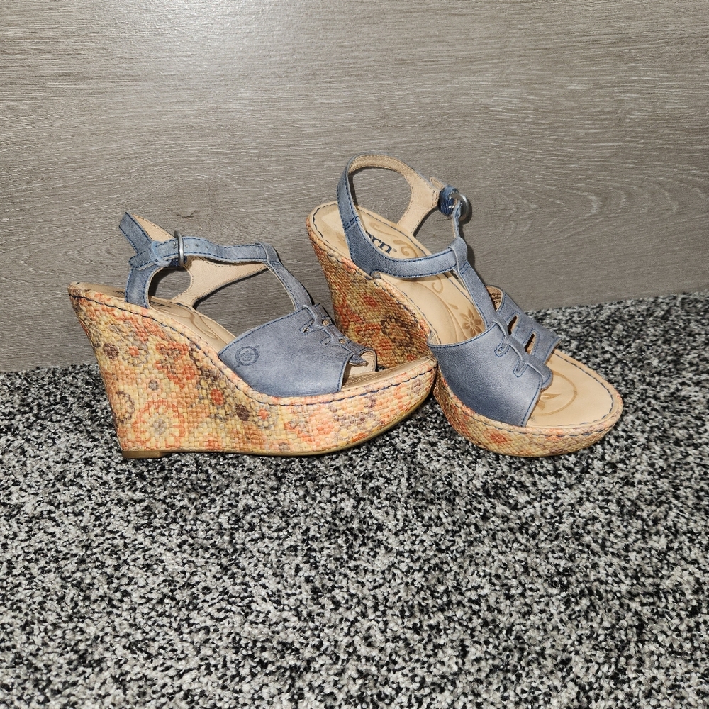 Born Rebecka Blue Leather Raffia Wedge Platform Floral T Strap Sz 7,Boho Y2k 90s